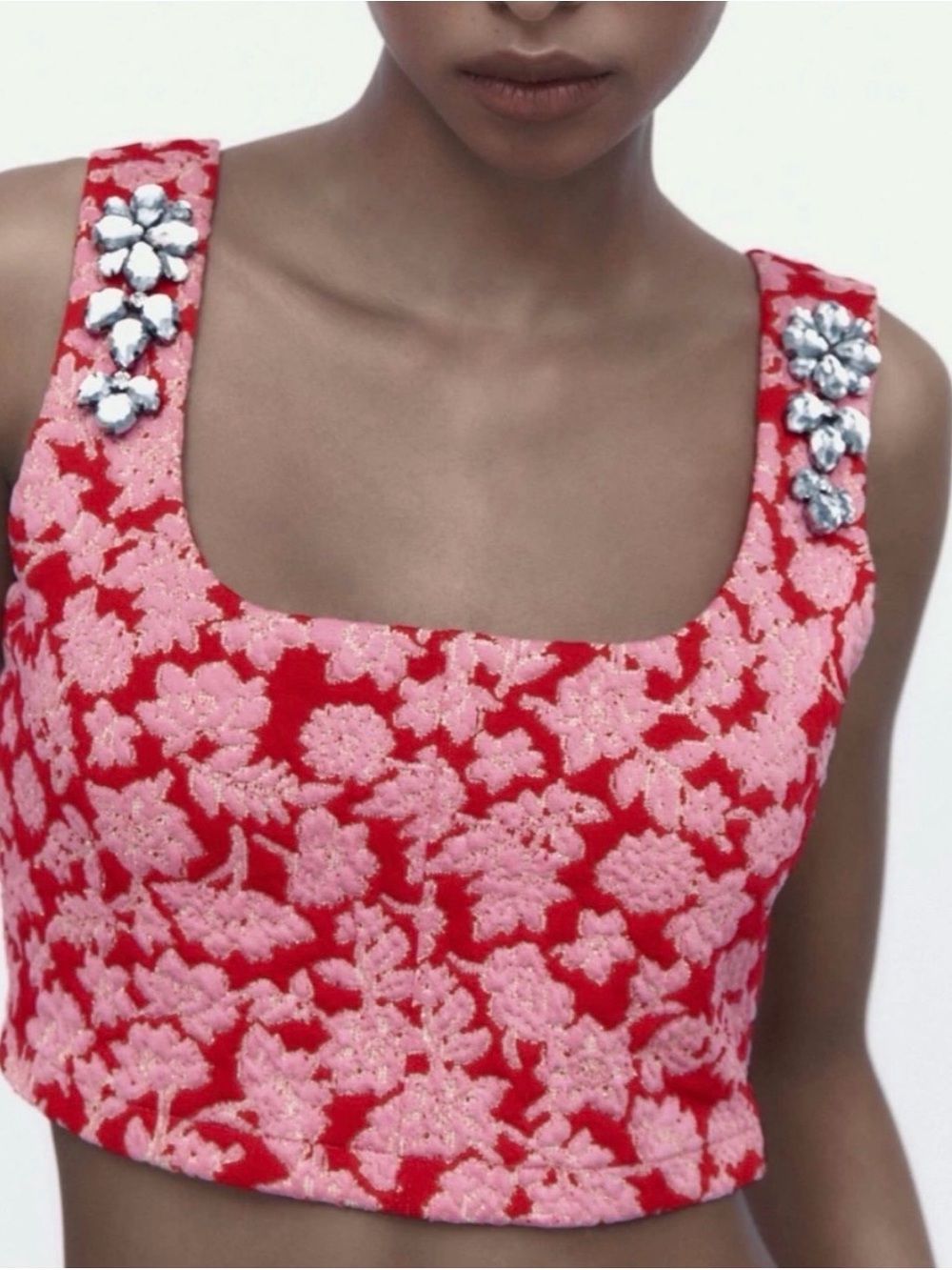 NWT Zara Embellished Floral Crop Top in Red and Pink
